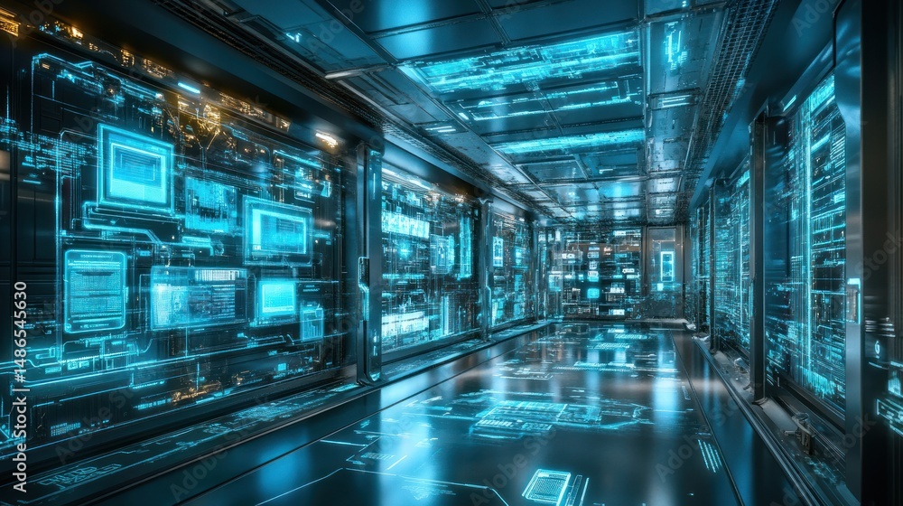 Obraz premium Futuristic digital corridor glowing cyan interface data stream walls floor
