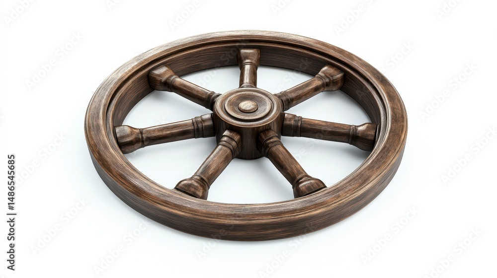 Obraz premium Dark brown wooden wagon wheel isolated on white background.