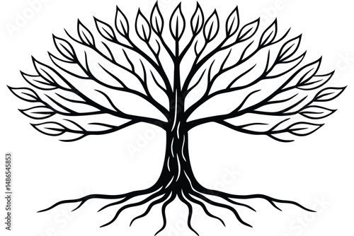 Striking Silhouette of Stylized Tree with Roots and Leaves Illustration Design