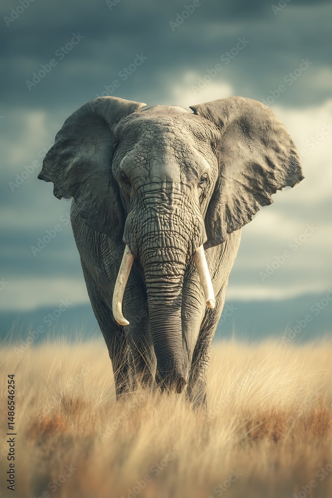 Fototapeta premium Grand elephant in grassy landscape with majestic sunny setting 