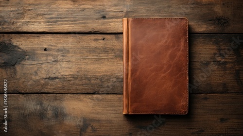 Brown leather book on rustic wooden background