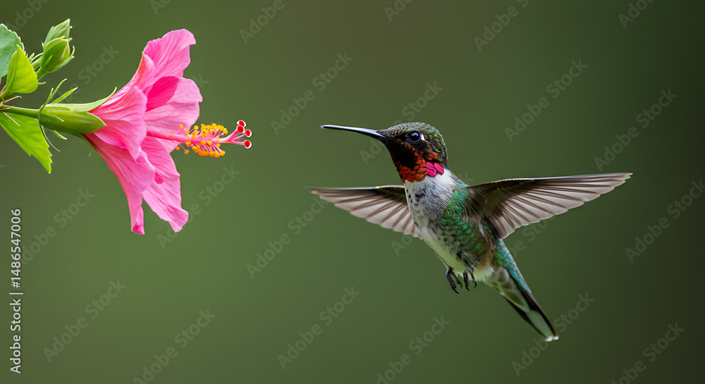 Fototapeta premium Ruby-throated Hummingbird Hovering Near Vibrant Pink Hibiscus Flower