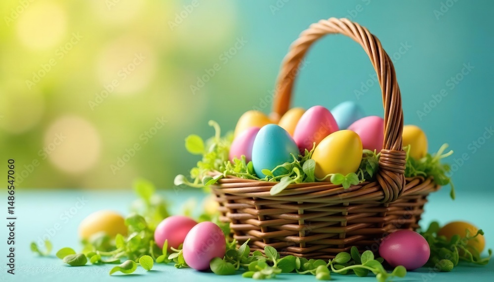 Colorful chocolate Easter eggs in a basket, ready for a hunt , present, gift Colorful chocolate Easter eggs in a basket, ready for a hunt , present, gift