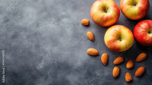 Red and yellow apples almonds dark background food photography