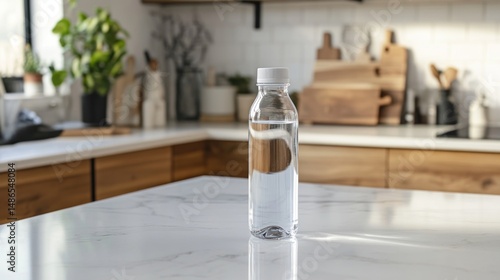 Clear water bottle on modern kitchen counter
