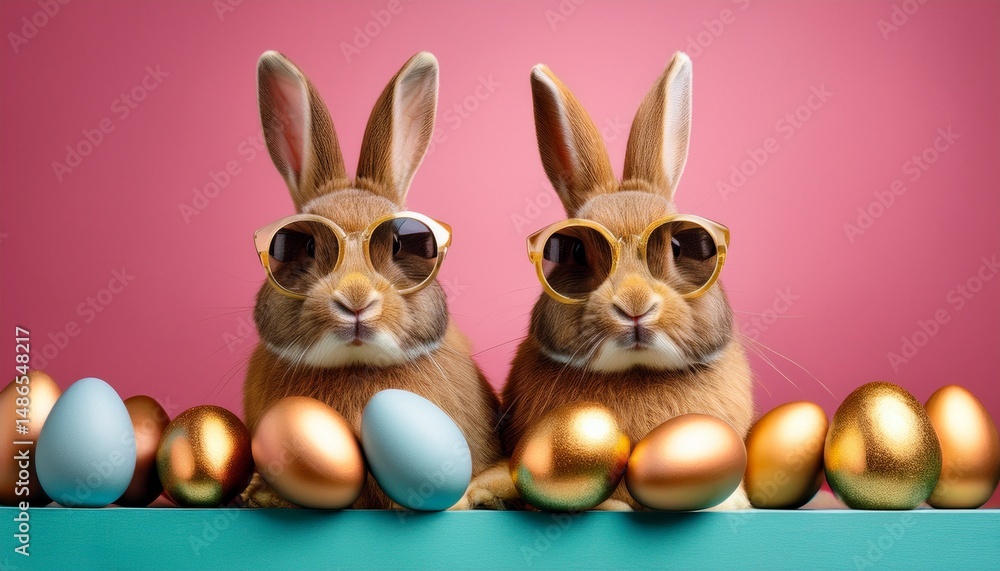 Fototapeta premium two funny easter bunnies with golden eggs wearing cute sunglasses ester composition on vibrant pink background