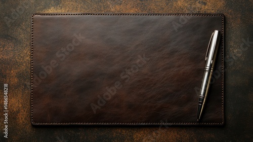Silver pen on brown leather pad business and office background