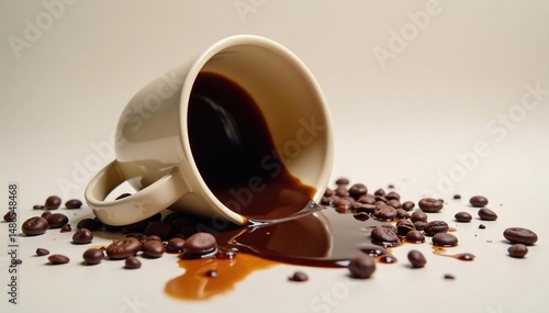 Close-up of a broken coffee cup, scattered pieces, spilled coffee , tableware, brown