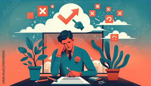 Stressed professional drafting resume, experiencing career disappointment while struggling with self doubt and employment challenges