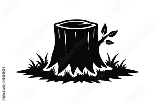 Black Silhouette of Tree Stump with Leaves and Grass Illustration Art