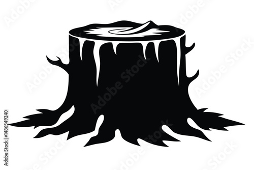 Bold Tree Stump Illustration Black Silhouette of a Cut Log with Roots