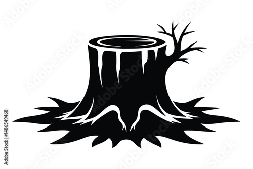 Silhouette of a Tree Stump with Roots and a Small Branch Sprout