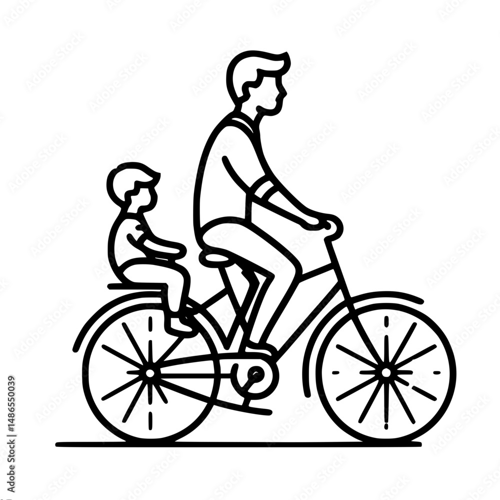 Fototapeta premium Father and child riding bicycle together, little son riding on bike rack in vector style