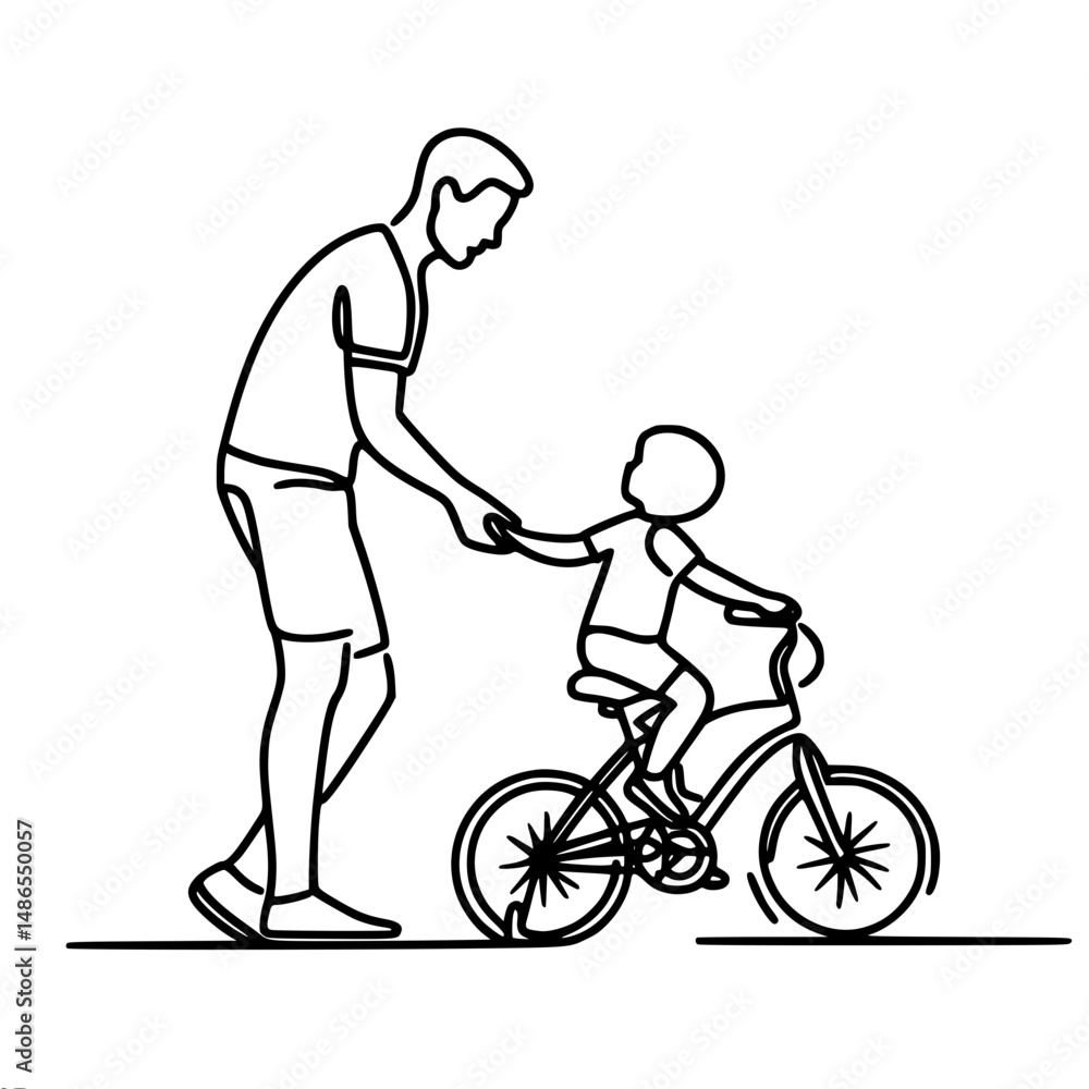 Fototapeta premium Father teaching his child to ride a bicycle tenderly and carefully in minimalist line art style - Single line vector outline concept