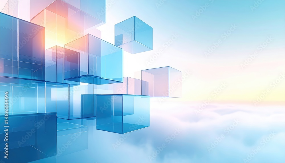 Fototapeta premium Floating cubes over layered fog and light