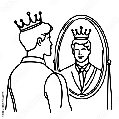 Man in crown admiring himself in mirror, single line vector contour concept