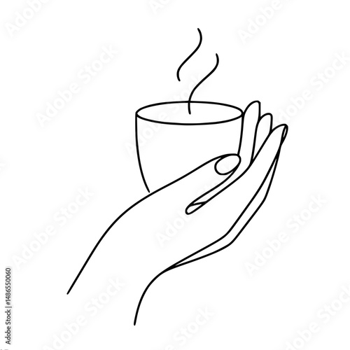 Line art drawing of hand holding steaming cup of hot tea in minimalist style, vector one line outline