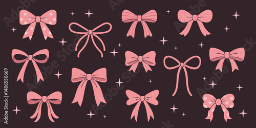 Vector set of cute pink bows and ribbons. Fashion accessories for girls in coquette style. Collection of cute girlish bows.