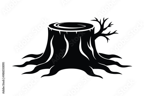 Stylized Tree Stump Illustration with Branch Outgrowth in Black and Dark Brown Shades