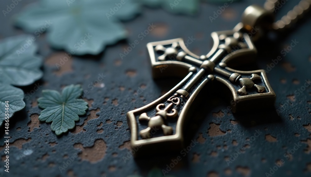 Close-up view of a Celtic cross pendant, metallic texture , pendant, irish, reflective Close-up view of a Celtic cross pendant, metallic texture , pendant, irish, reflective