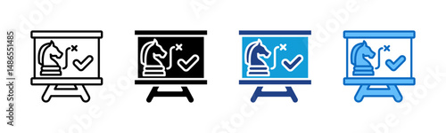 Strategic Plan - Multi Style - chess knight on a presentation board with strategy marks, representing long-term planning and tactics