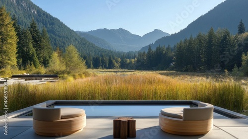 Tranquil mountain view with pool and wooden chairs