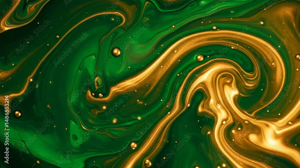 Fundo de vídeo abstrato com líquidos ou tintas verde e dourado em movimento espiralado