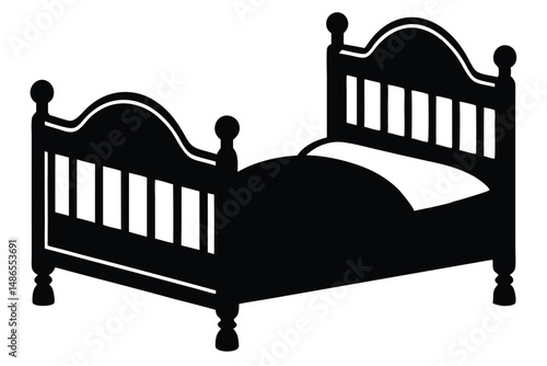 Elegant Black Silhouette of Classic Wooden Bed with Pillow Illustration
