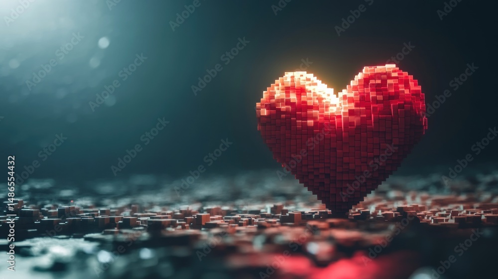 Fototapeta premium Glowing red pixel heart digital art abstract background