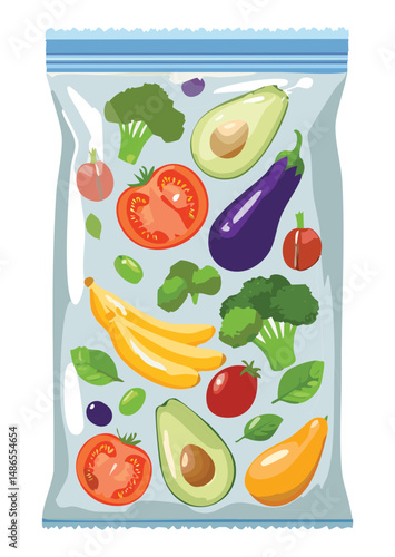 Vacuum Sealed Bag with Fruits and Vegetables - Vector Illustration