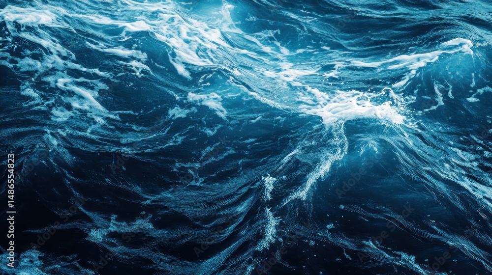 Fototapeta premium Ocean waves texture dynamic blue water surface with white foam