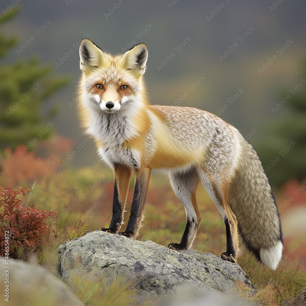 Fototapeta premium Majestic Red Fox Standing on Rock in Autumn