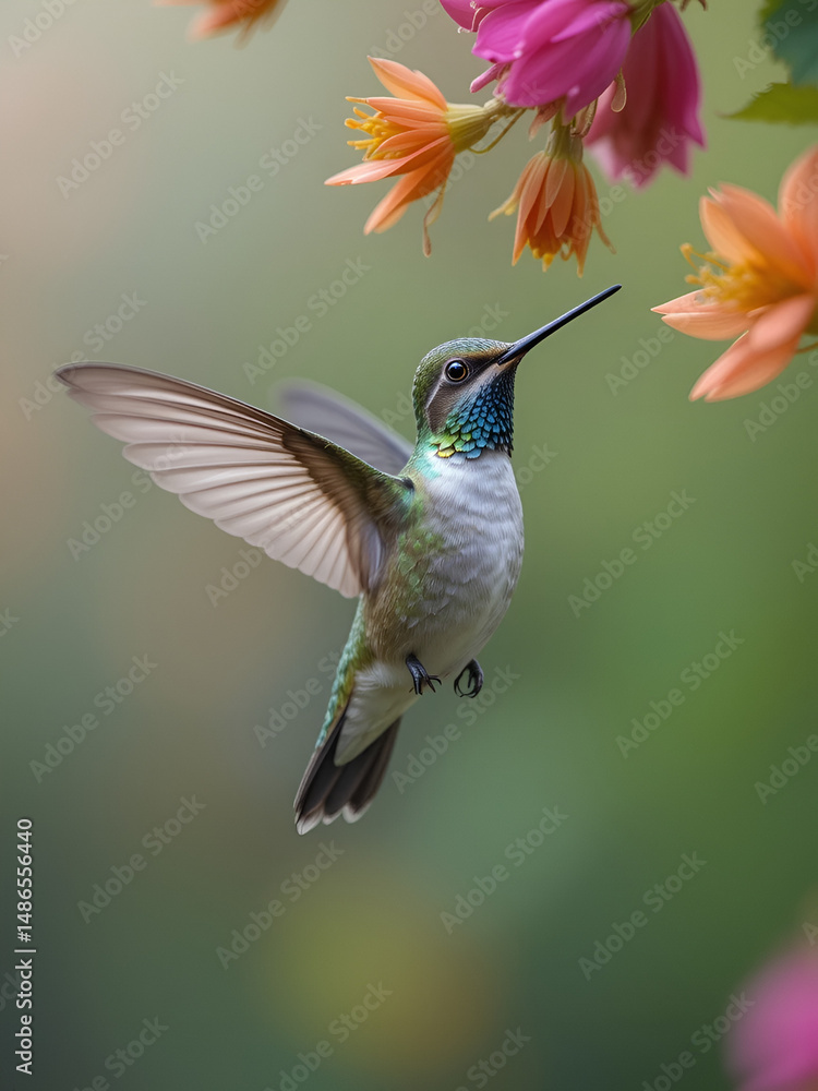 Fototapeta premium Anna's Hummingbird Floating mid-air and collecting nectar