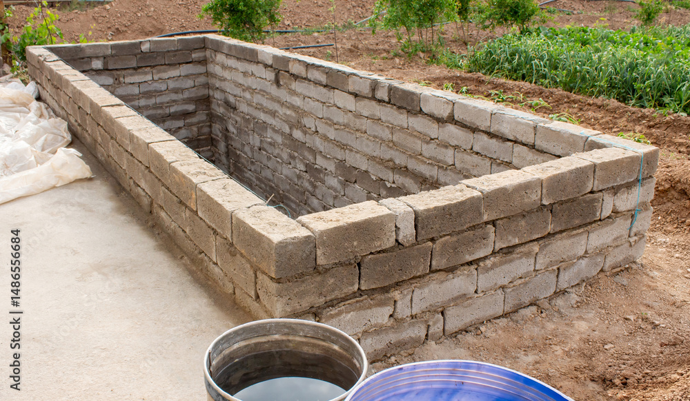 Naklejka premium The process of building a home pool for storing water