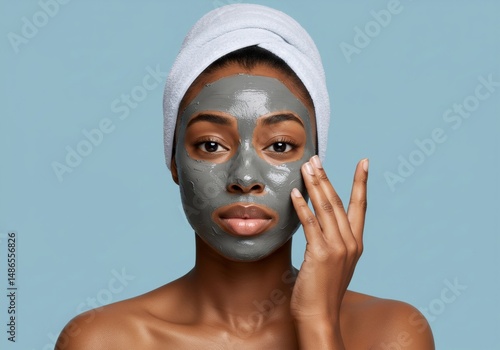 A african american woman with a clean towel on her head is applying a nourishing grey clay or mud facial mask. Concept of healthy skincare routine and self-care for rejuvenation and fresh beauty.