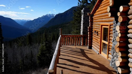 Log cabin deck overlooks a vast mountain forest landscape with distant peaks.