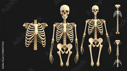 Human skull and rib cage skeleton anatomy set. Skeletal bones, lateral and anterior view. Educational medicine poster. 3D illustration