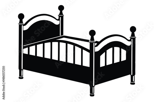 Black monochrome bed with a ballshaped headboard stands out against a clean white backdrop