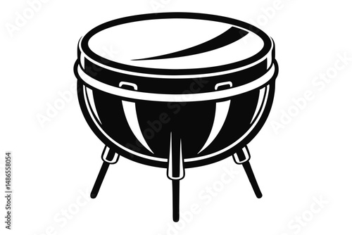 The monochromatic illustration showcases a standing conga drum, featuring a stylized bowl and simple three leg stand