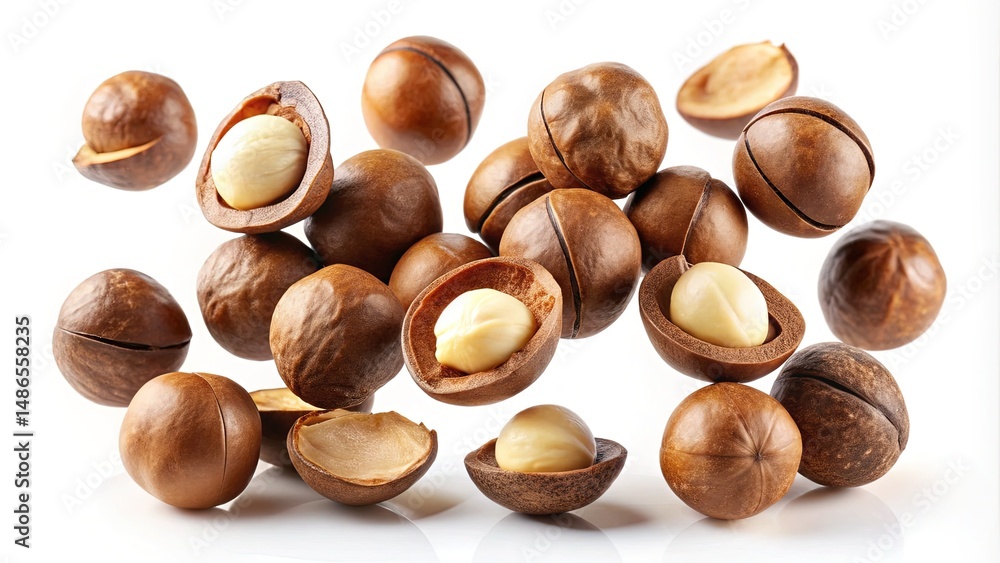 Elevated Pile of Macadamia Nuts, Split, Halved, and Whole Against White Background Elevated Pile of Macadamia Nuts, Split, Halved, and Whole Against White Background