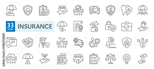 Insurance and assurance line icon set. Included Life, health care and property insurance vector icons. Editable stroke.