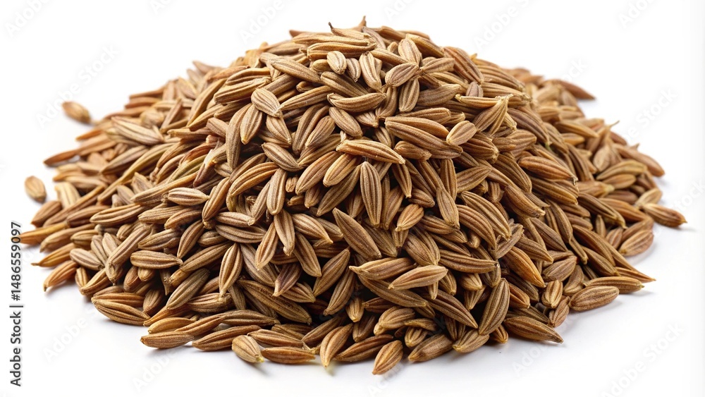 A closeup studio shot showing a large pile of aromatic cumin seeds A closeup studio shot showing a large pile of aromatic cumin seeds