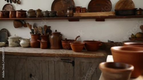Earthenware pottery and kitchen utensils displayed on rustic wooden shelves.
