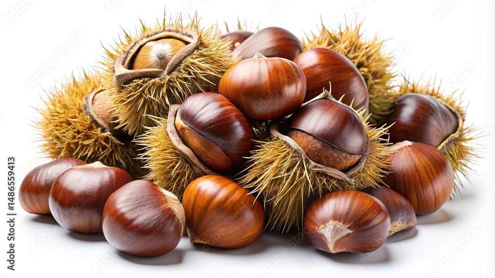 A beautiful pile of fresh chestnuts and their spiky shells on white A beautiful pile of fresh chestnuts and their spiky shells on white