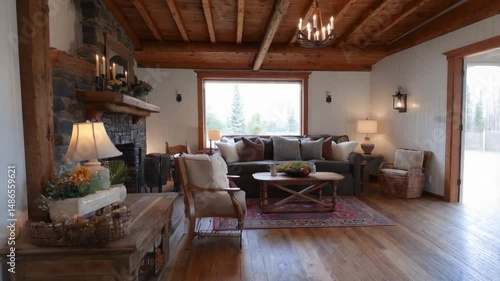 Rustic living room interior features a stone fireplace and hardwood floors.