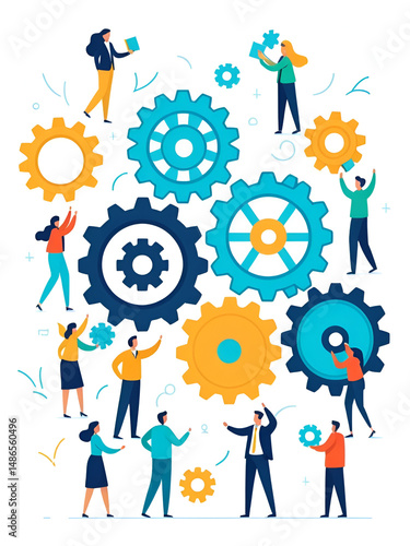 Business organization, cooperation and teamwork vector illustration. Cartoon tiny people connect together puzzle pieces with gears inside, collective work of employees team on corporate goal and idea