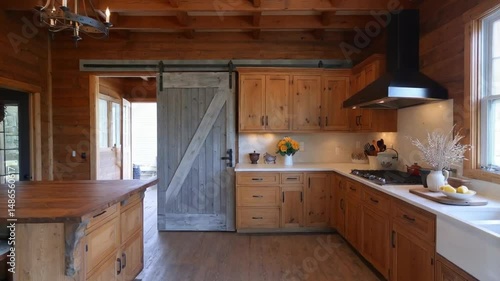 Rustic kitchen interior features wooden cabinetry and a modern sliding barn.
