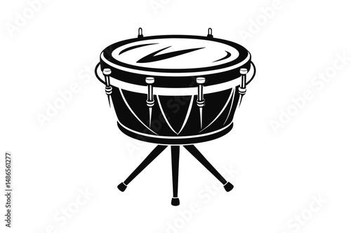Isolated monochrome kettledrum stands firmly with three supports, ready for musicians to play