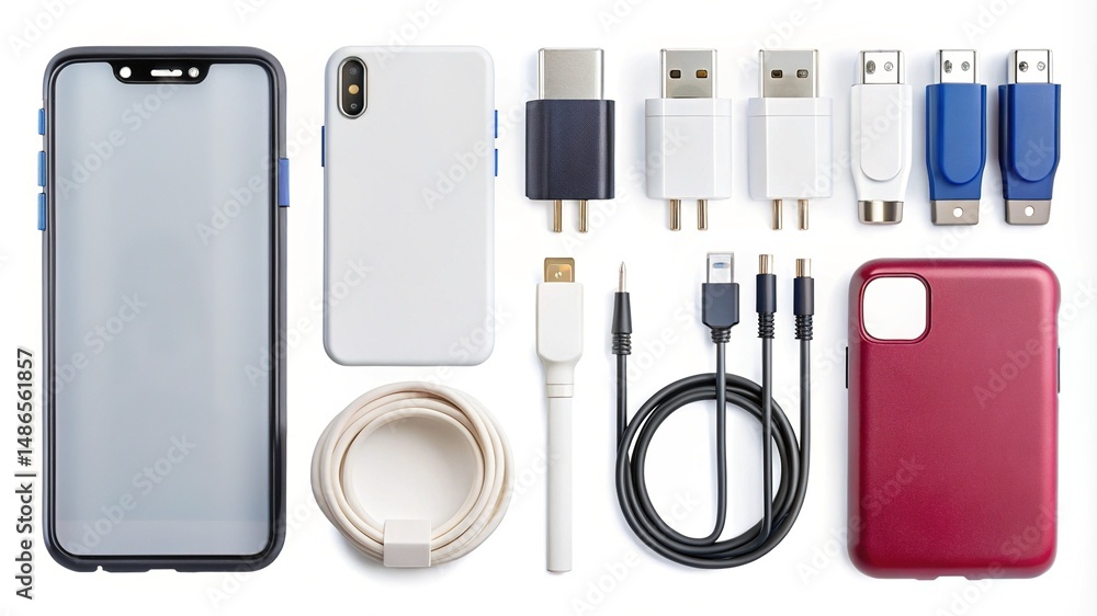 A flat lay arrangement of smartphones, phone cases, and various electronic connectors A flat lay arrangement of smartphones, phone cases, and various electronic connectors