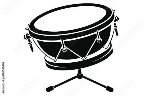 Isolated black drum rests on a black stand on a white background as shown
